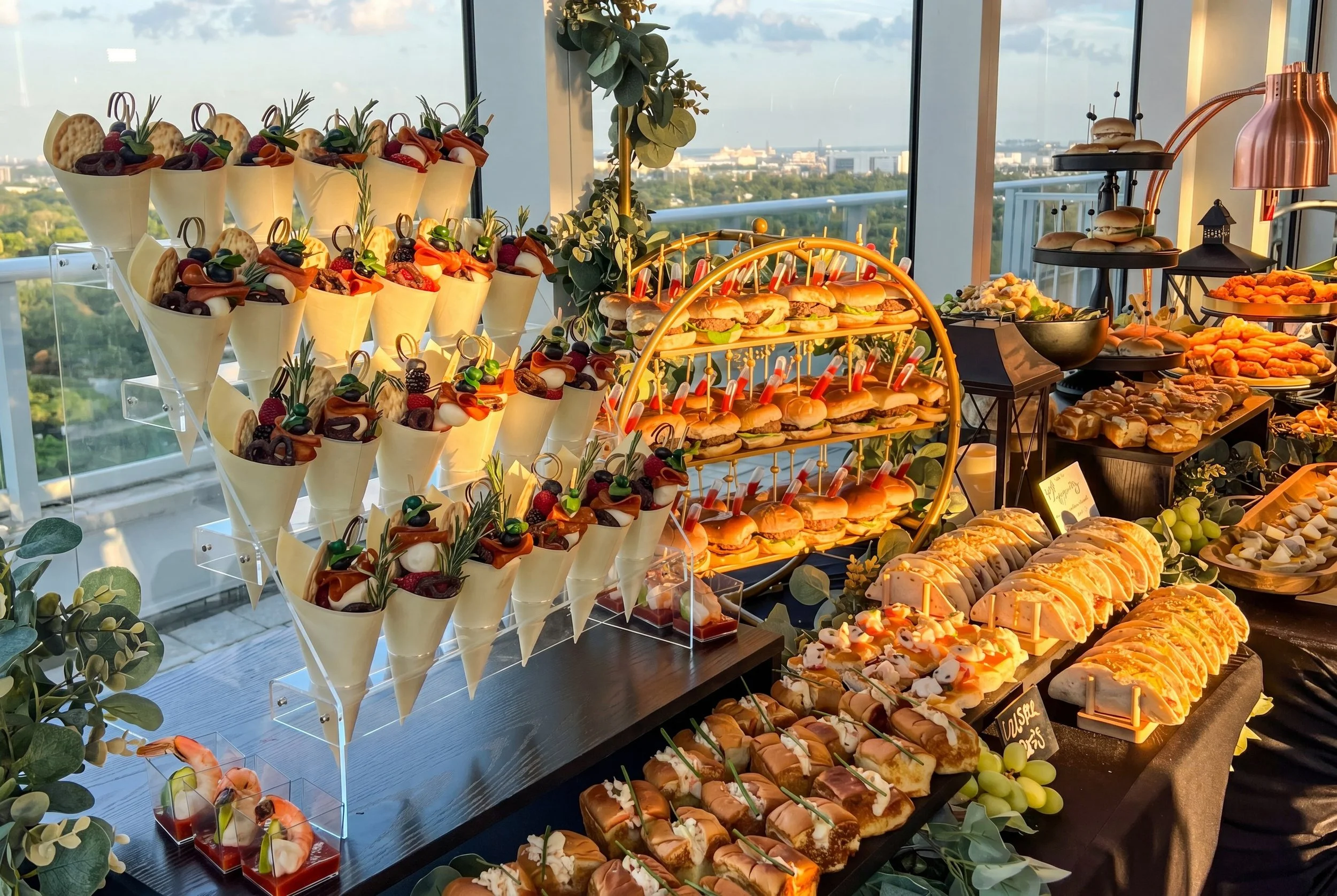 Rooftop event appetizer and cocktail display catered in Miami by Francesca's Catering