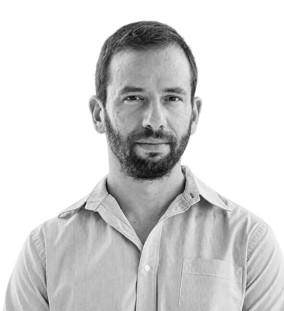 Black and white portrait of a man with short hair and a beard, wearing a button-up shirt.