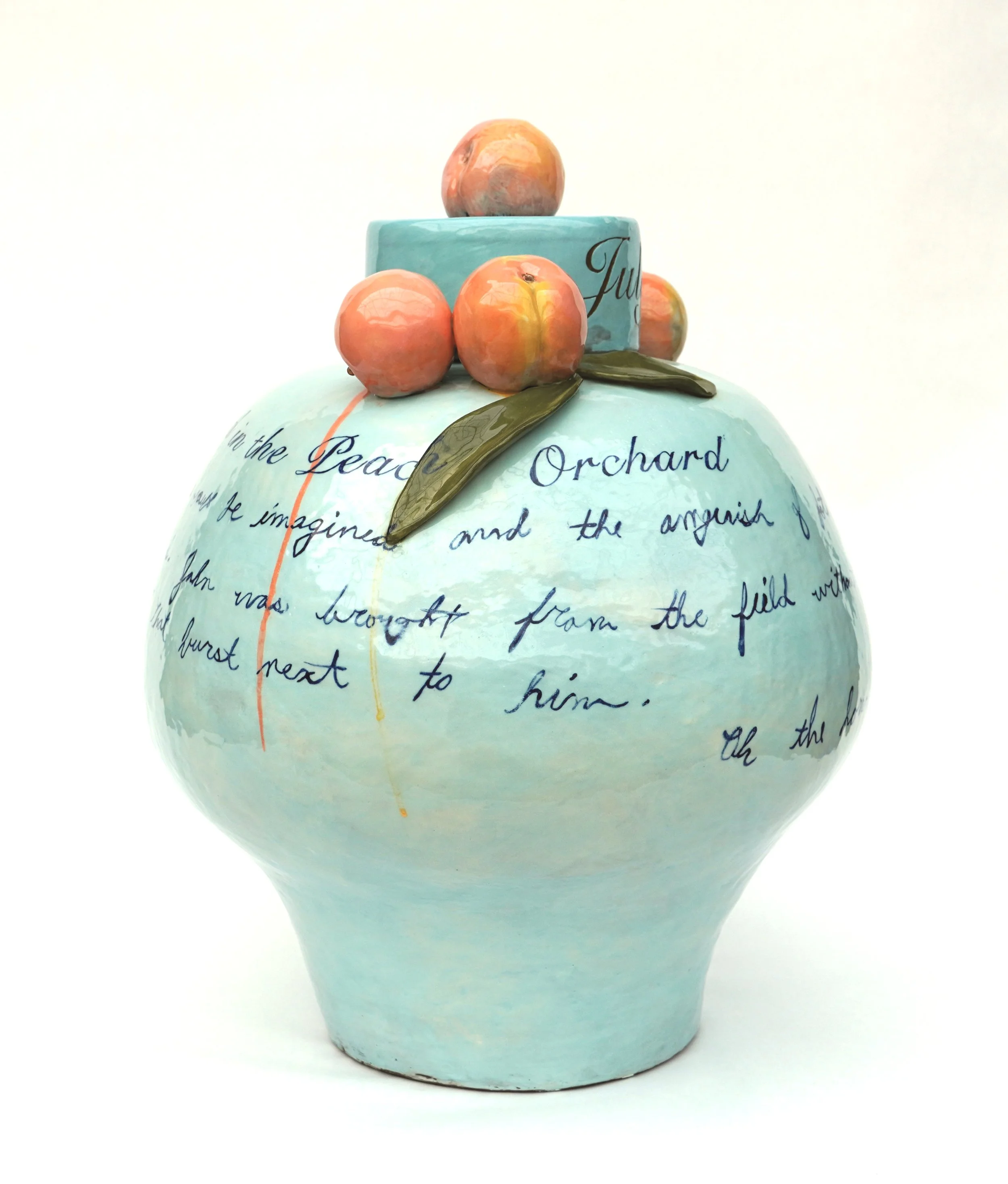 The Peach Orchard at Gettysburg (lidded jar), 2023, 21 in. x 14 in. x 14 in.
I've inscribed a letter describing Gettysburg's horrors, contrasted with pastel colors and ripe peaches, showcasing life's continuity amid turmoil. It mirrors my program's t