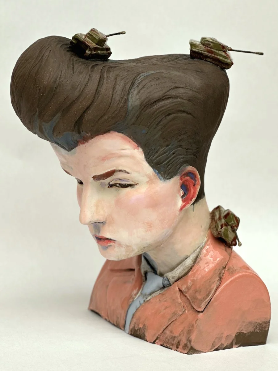 Rote Kämpfer (The Red Fighter), 2023, 18 in. x 12 in. x 15 in. 
Rote Kämpfer reimagines German Tiger II tanks as playful, insect-like creatures, defying their wartime gravity. These whimsical tanks interact with Ludwig's incredulous gaze, symbolizing