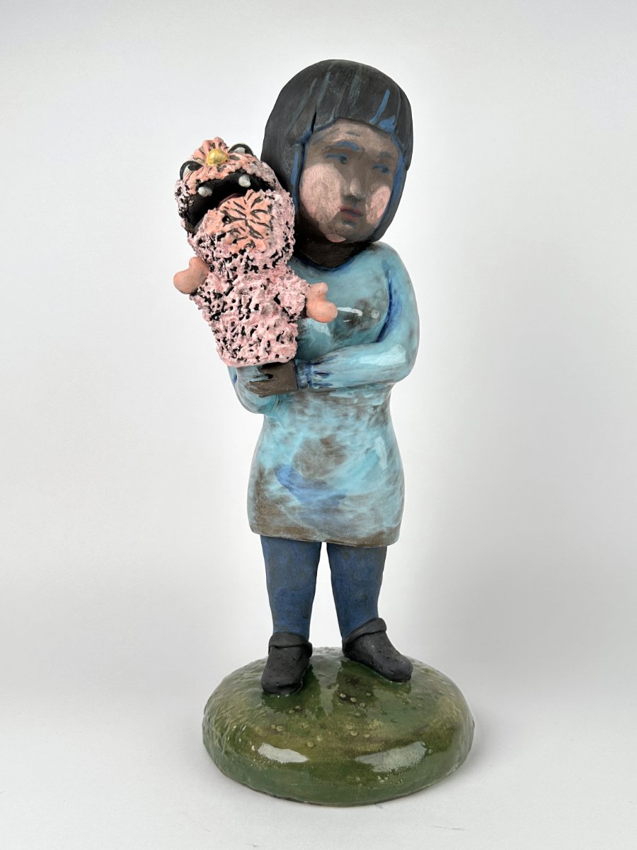 Girl with Puppet, 2024, 13.5 in. x 6 in. x 6 in.
A girl and her monster puppet. Through her puppet she can venture out and take risks by speaking through her puppet thus not having to fully take responsibility if she, via the puppet monster, crosses 