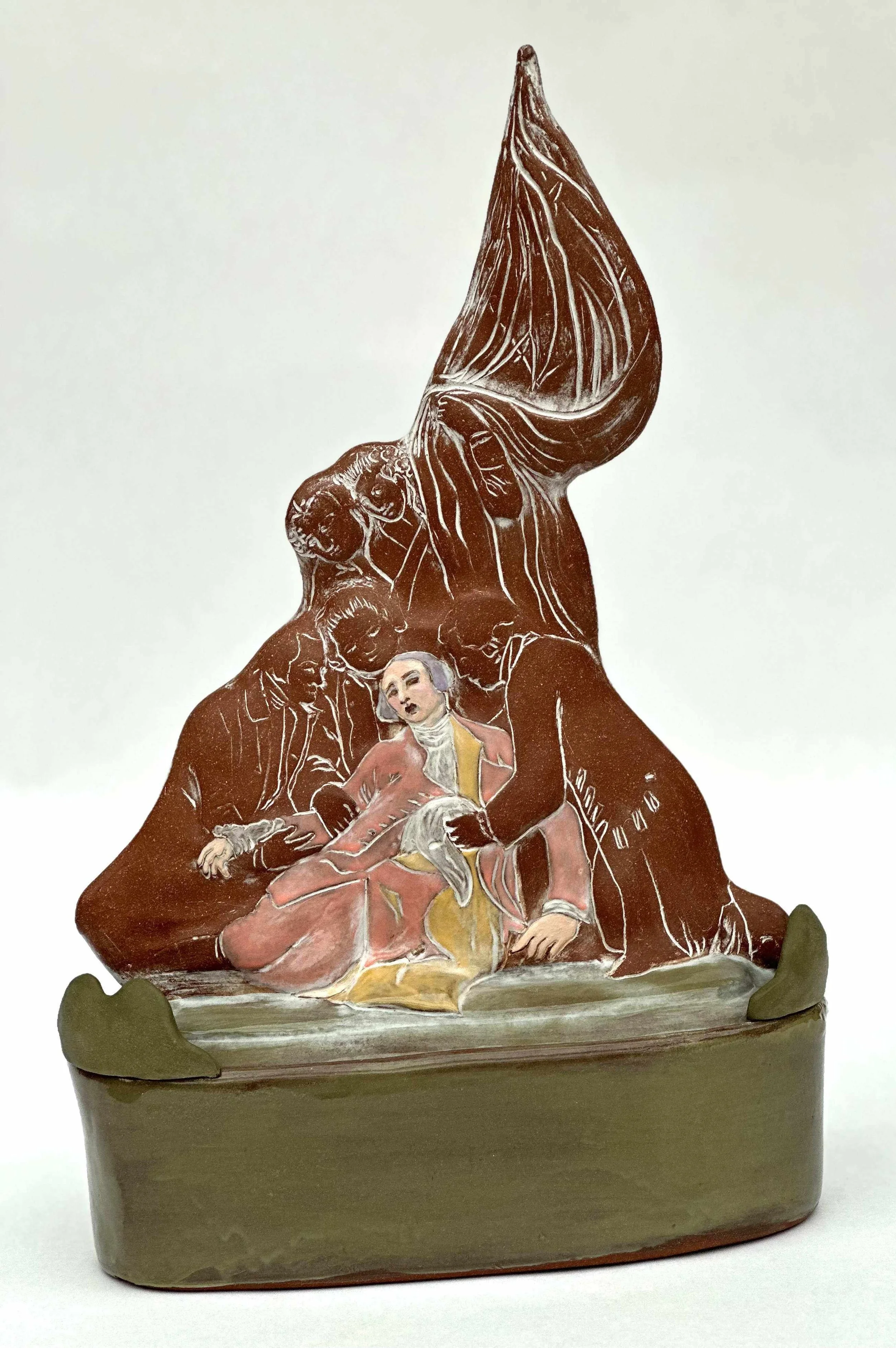 Death of General Wolfe Lidded Casserole, 2023, 16.5 in. x 11 in. x 5.5 in.
Artist Benjamin West painted romanticized truth. Being continually told that I was related to him shaped my perception and inspired me to be an artist. I recreated his paintin