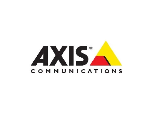 Logo of Axis Communications featuring the company name and a yellow and red triangular symbol.