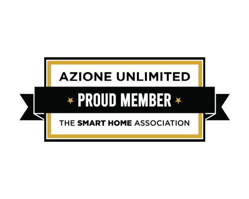 Badge with text 'Azione Unlimited Proud Member The Smart Home Association' in black and gold on a white background