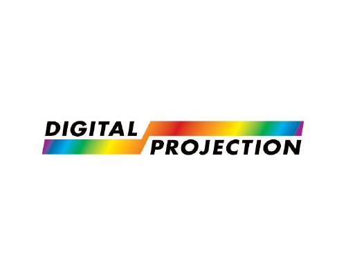 Digital Projection logo with black text and a rainbow-colored underline