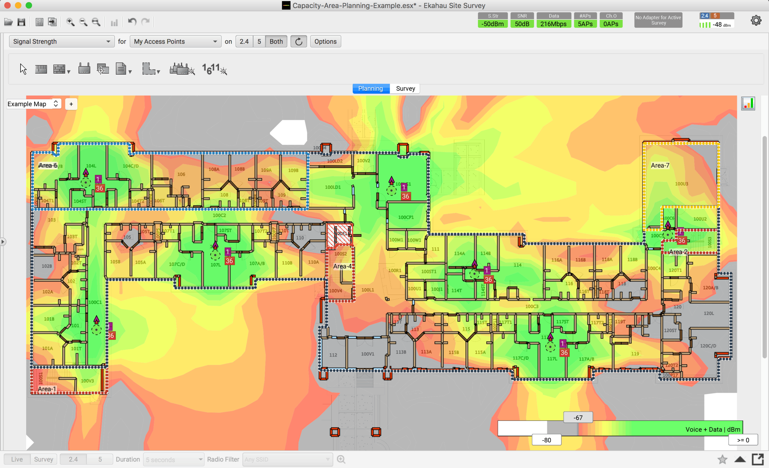 Wireless network heatmap diagram showing signal strength in different areas, with color coding from red for weak signals to green for strong signals, overlaid on a building floor plan.