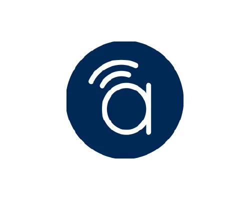 A logo with a navy blue circle containing a lowercase white letter 'a' with wi-fi signal lines above it.