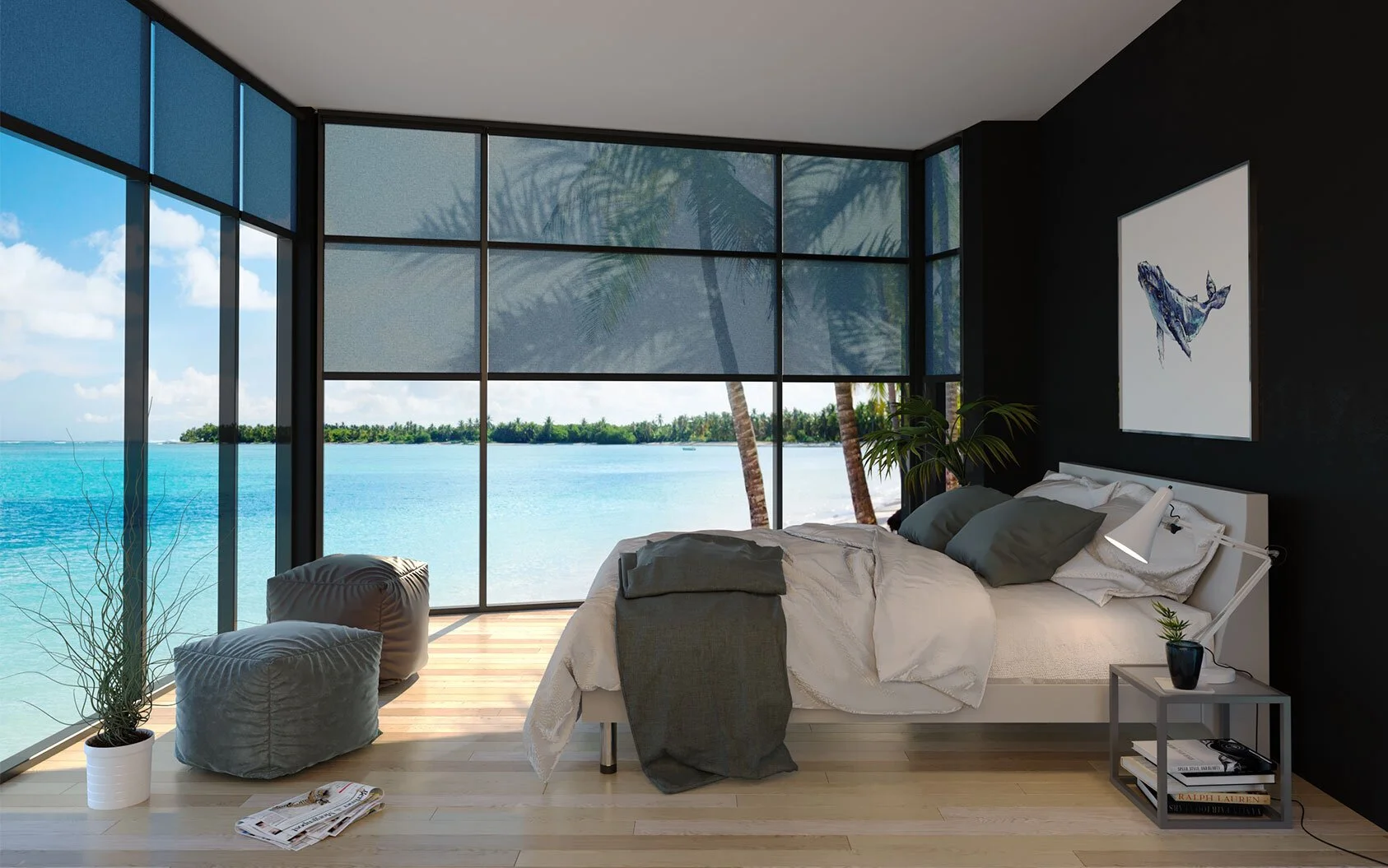 Modern bedroom with large floor-to-ceiling windows overlooking a tropical ocean view, black accent wall, white bed with dark gray pillows, side table with a lamp and books, potted plant, and newspaper on light wooden floor.