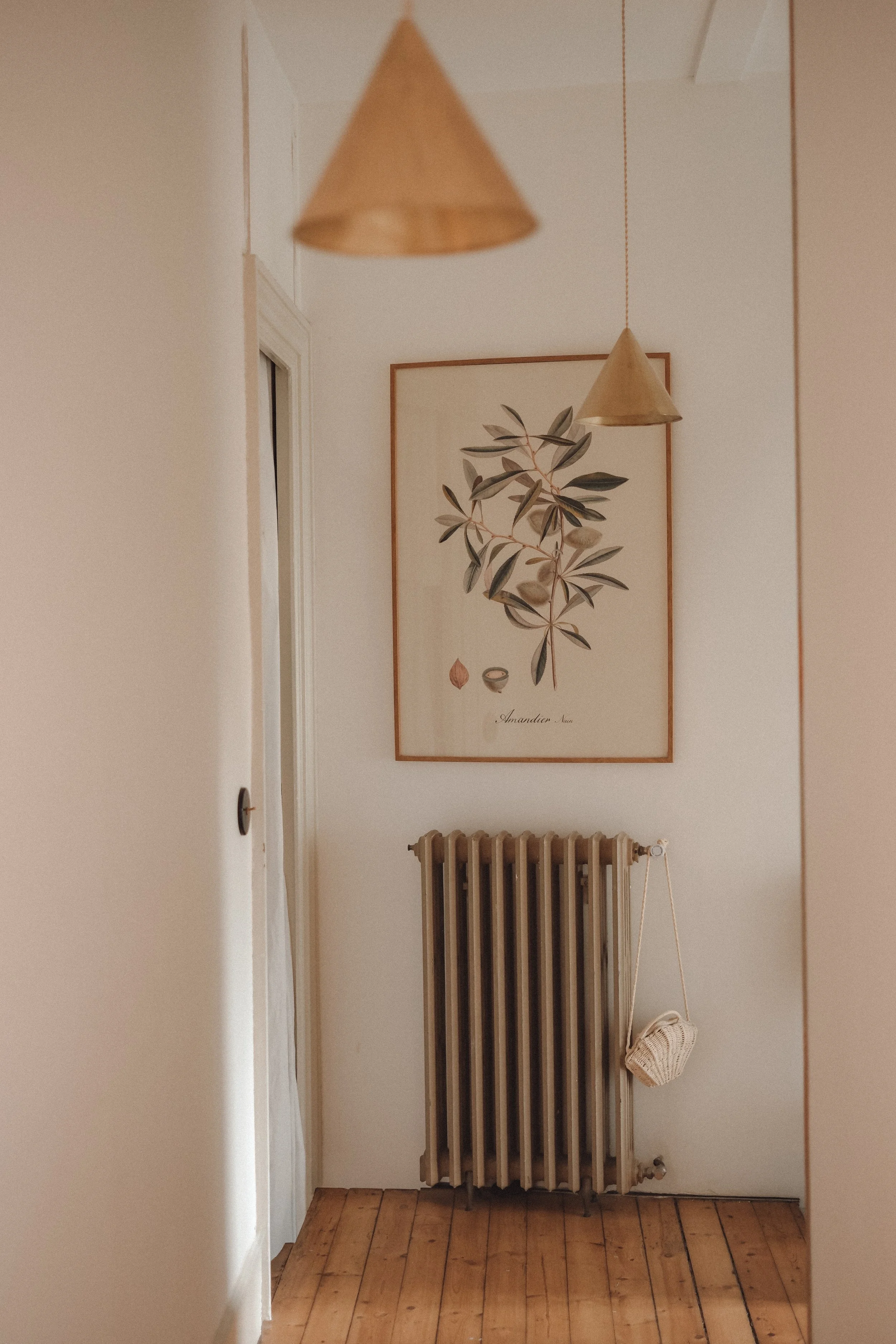 Mirror showing a hallway with a radiator, a framed botanical print, and two hanging cone-shaped pendant lights.