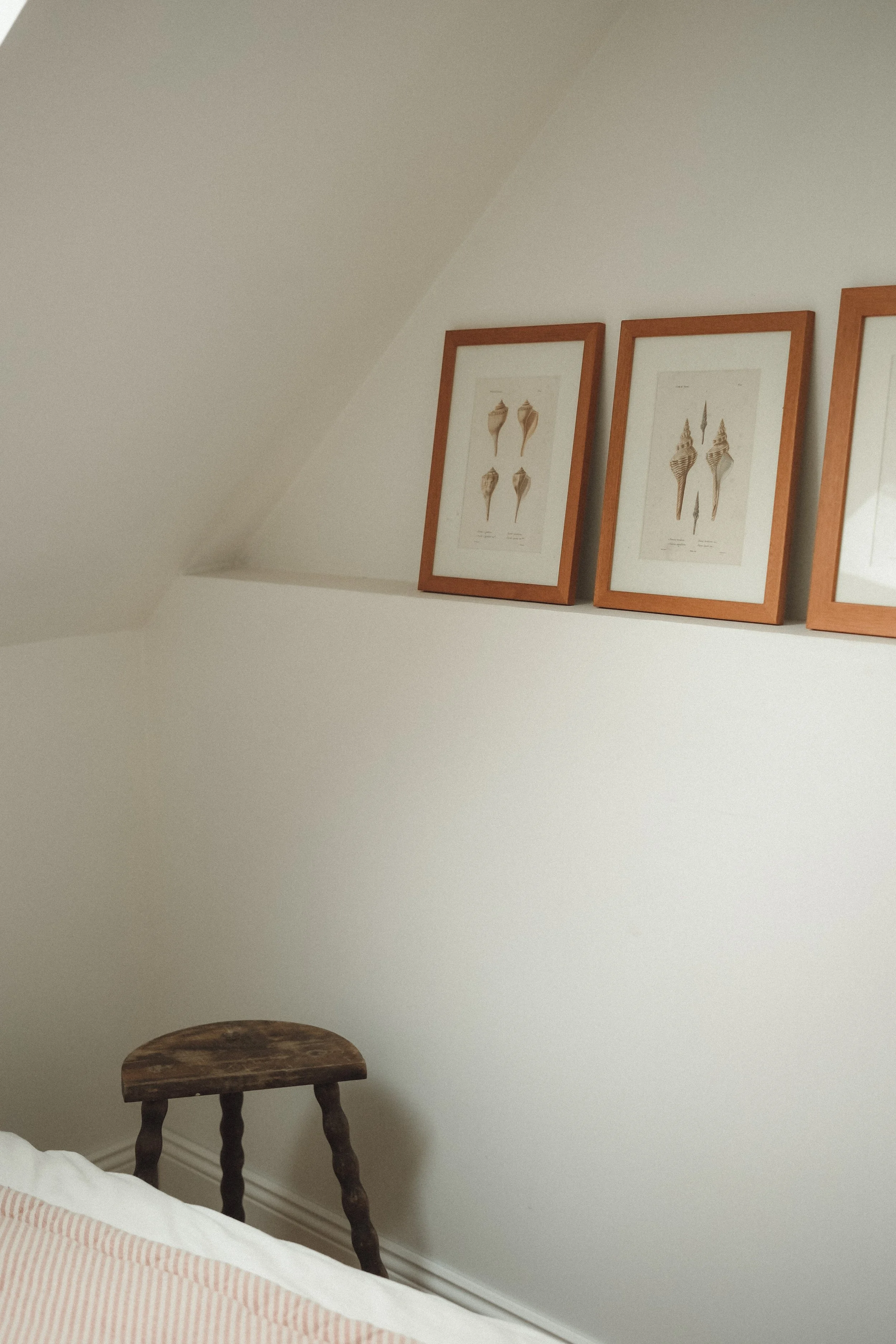A corner of a bedroom with three framed pictures of seashells on a white wall above a wooden stool, near a bed with white and pink striped bedding.