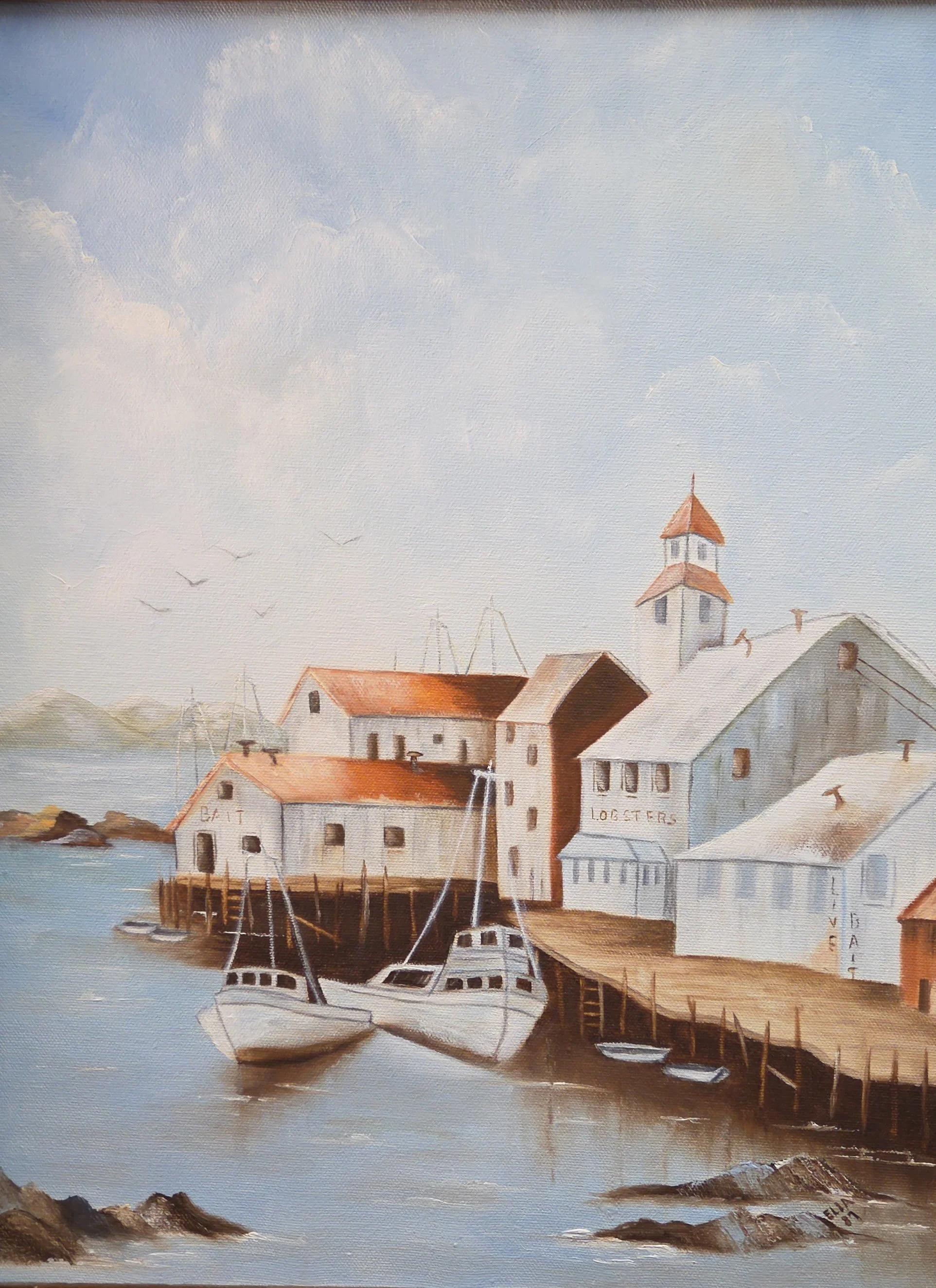 A painted scene of a coastal harbor with sailboats docked near a cluster of white buildings with red roofs, a church steeple, and wind turbines in the background under a blue sky with clouds.