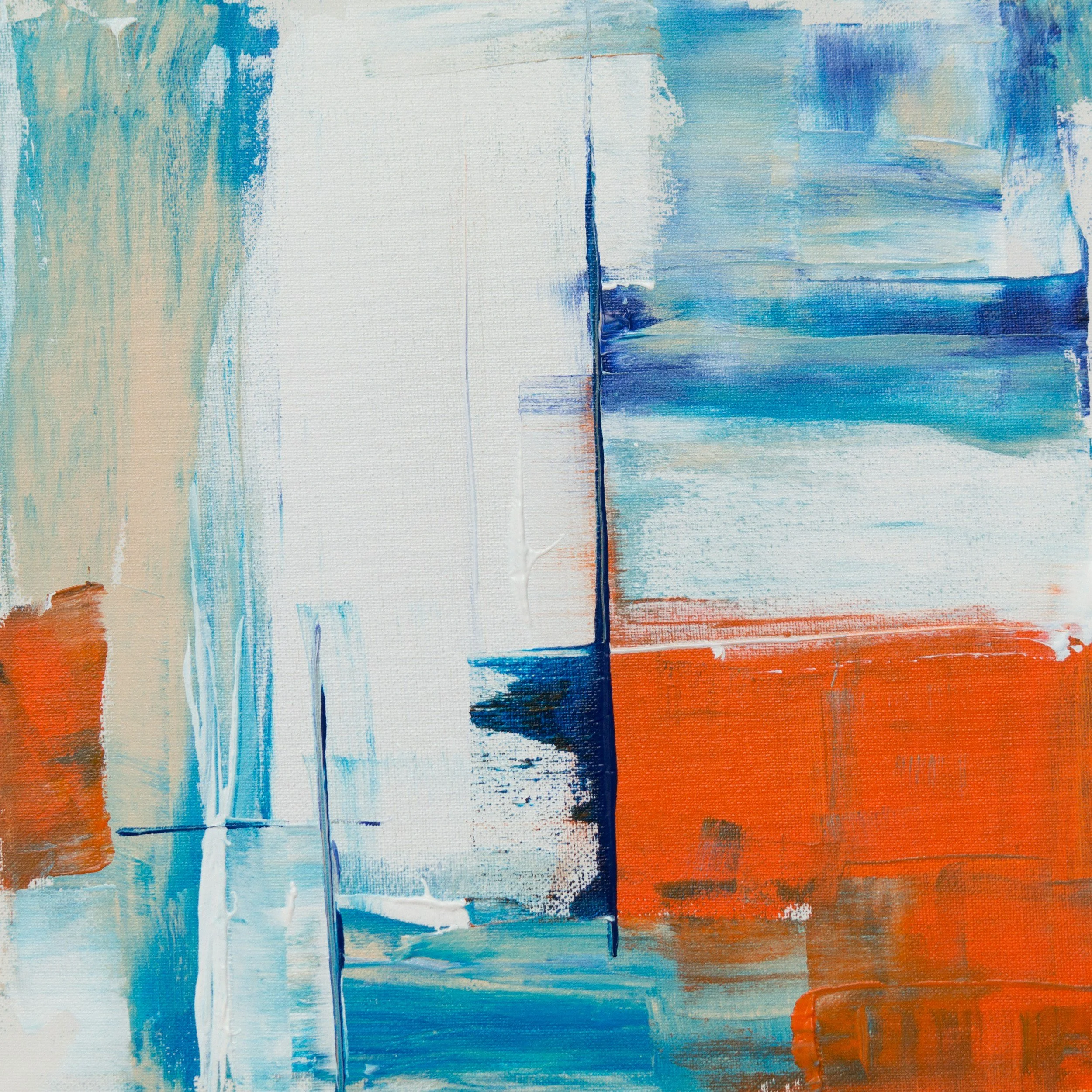Abstract painting with blue, white, beige, and orange brushstrokes.