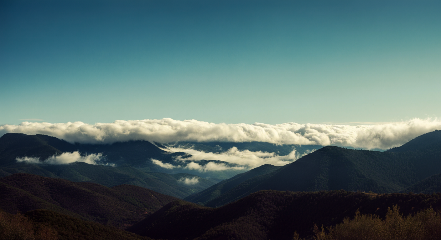 Mountain landscape with layered mountain ranges, clouds hovering over the peaks, clear sky overhead.