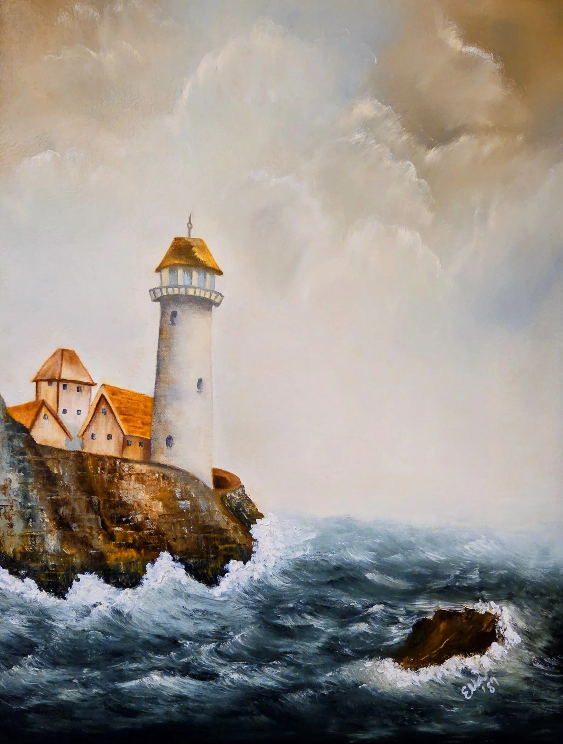 A lighthouse on a rocky cliff with buildings nearby, overlooking rough ocean waves under a cloudy sky.