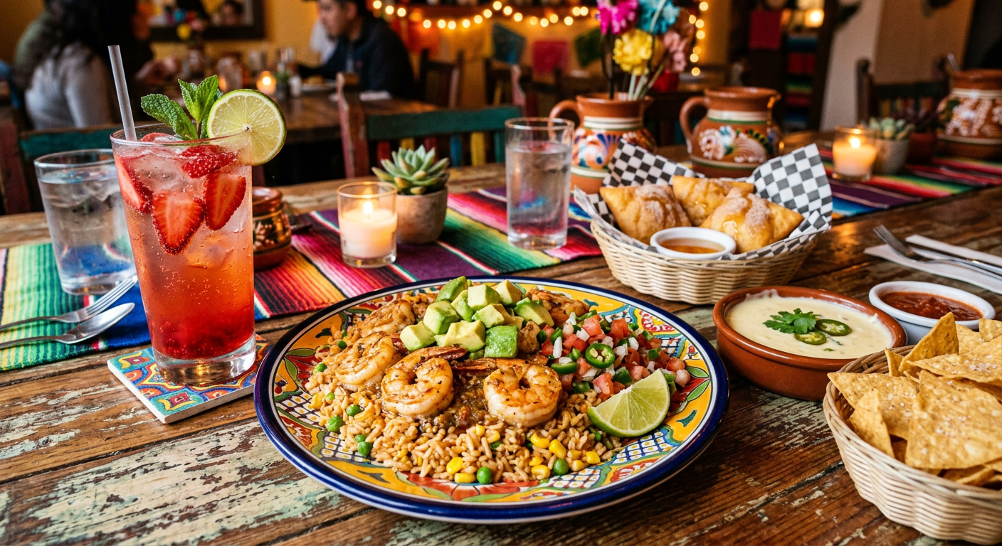 Mexican meal with shrimp, rice, guacamole, salsa, chips, and a cocktail in a lively restaurant setting.