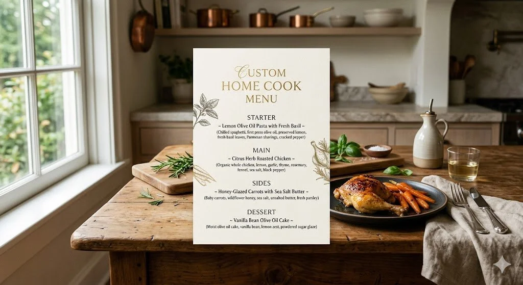 A kitchen scene with a wooden table holding a menu, a plate with roasted chicken and carrots, a glass of white wine, and utensils. Background shows open shelves with bowls and kitchenware, and a window lets in natural light.