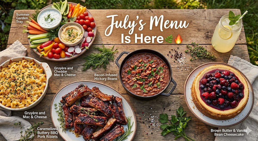 A wooden table with a variety of summer foods including a vegetable tray, macaroni and cheese, pork ribs, bacon-infused beans, a berry cheesecake, and a drink, with a sign saying 'July's Menu Is Here'.