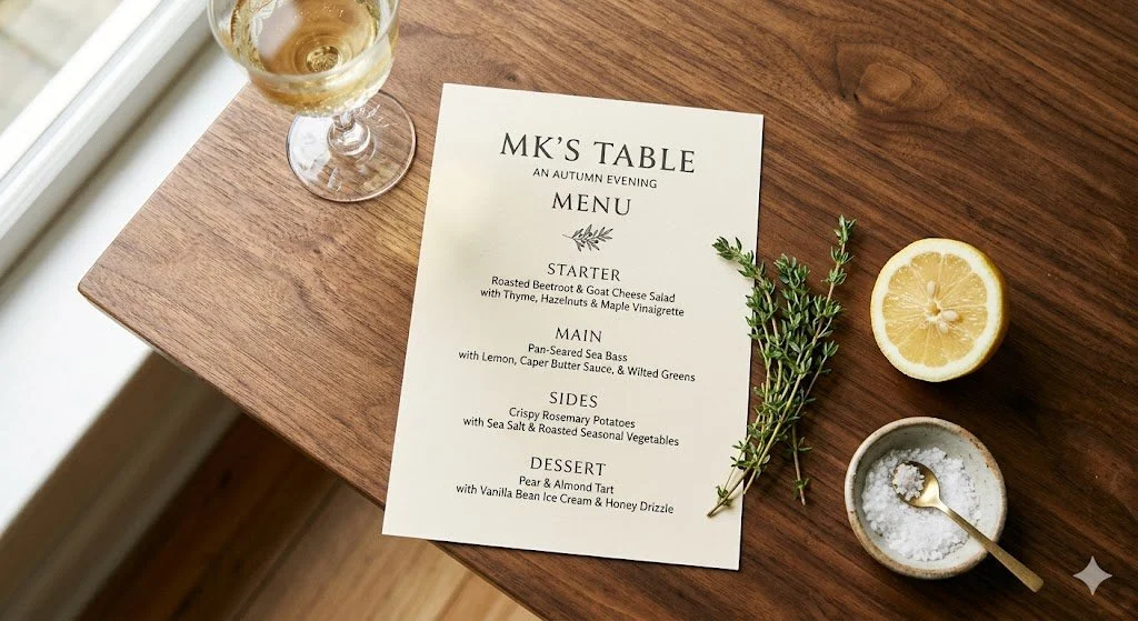 A menu on a wooden table with a glass of white wine, a lemon half, a sprig of thyme, and a small bowl of salt with a spoon next to it.