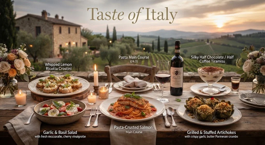 A dinner table set outdoors in Italy with five dishes: whipped lemon ricotta crostini, pasta main course with salmon, garlic and basil salad with mozzarella, silky half chocolate half coffee tiramisu, and grilled stuffed artichokes. There are candles, wine, and floral arrangements, with a scenic vineyard and sunset in the background.