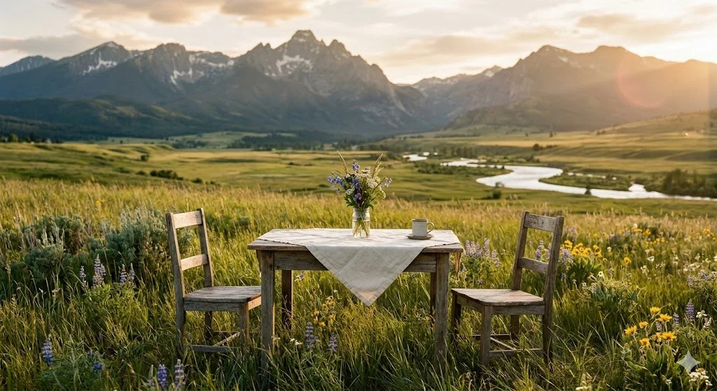 A rustic wooden table with a white tablecloth, a vase of wildflowers, and a mug, set in a grassy field with mountains and a river in the background at sunset.