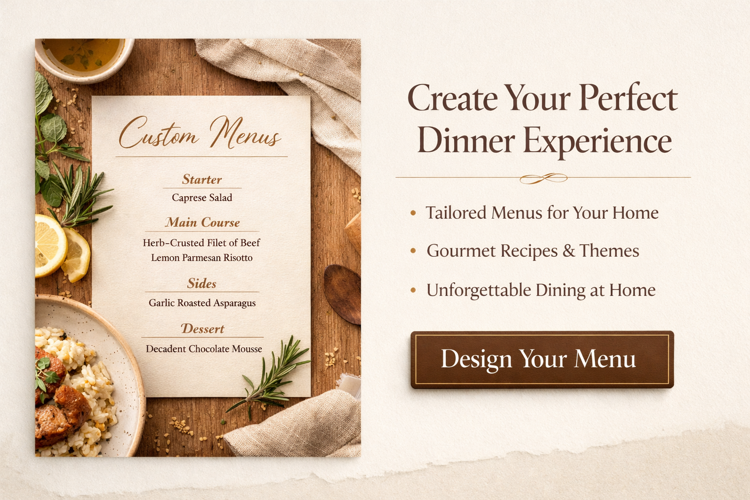 An advertisement for creating a custom dinner menu featuring a sample menu with starter, main course, sides, and dessert, and text promoting tailored menus, gourmet recipes, and memorable dining at home.