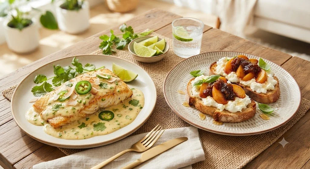 Coconut Lime Halibut & Burrata Crostini Dinner Menu