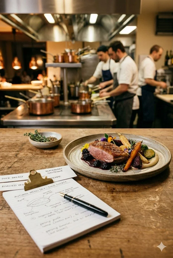 Elegant chef-designed restaurant dish plated with seasonal ingredients, representing custom menu development and culinary consulting for restaurants