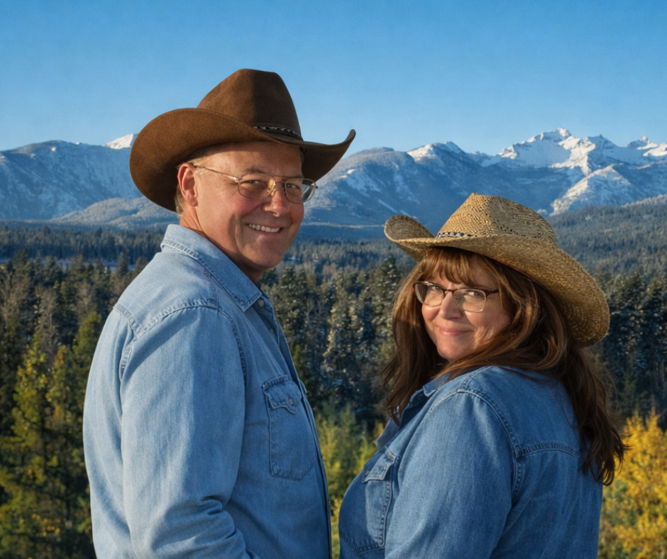 A smiling man and woman wearing denim shirts and straw hats, standing outdoors with a mountain range and forest in the background.