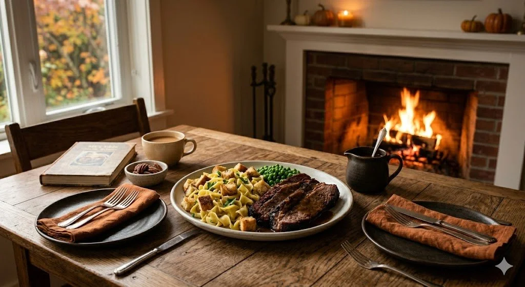 A cozy dining table set for a meal in front of a lit fireplace, with pasta, steak, peas, a cup of coffee, and a bowl of sauce or gravy.
