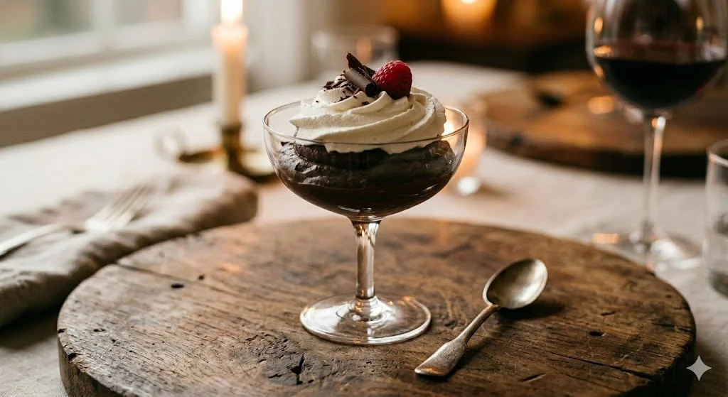 A dessert in a glass dish topped with whipped cream, a raspberry, and chocolate shavings, placed on a rustic wooden serving board, with a small spoon beside it, and glasses of red wine and a candle in the background.