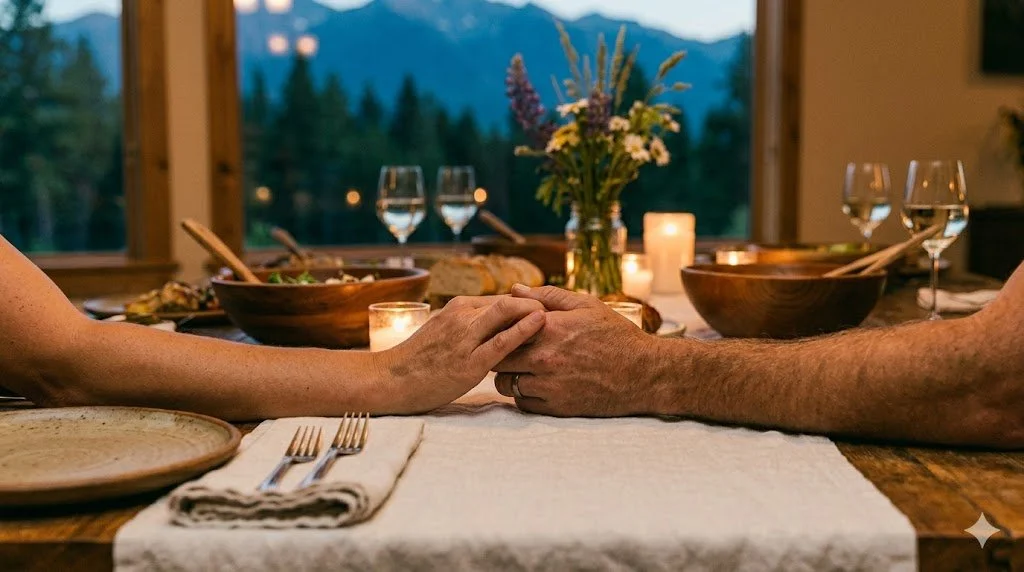 Two hands clasped in prayer over a beautifully set table, soft warm lighting, simple elegant place settings visible. Feels intimate and faith-centered.