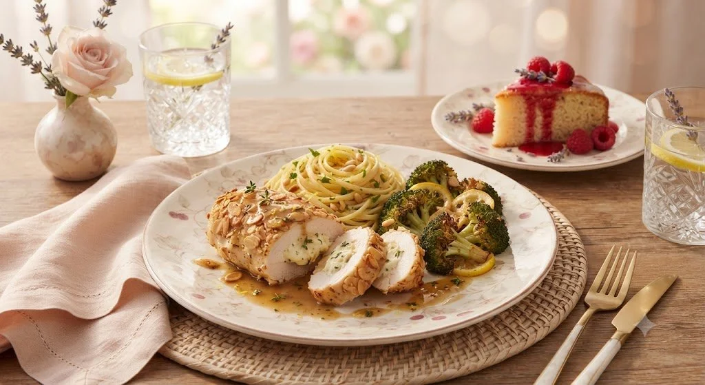 Almond-Crusted Lemon Ricotta Chicken & Raspberry Lavender Cake Dinner Menu"