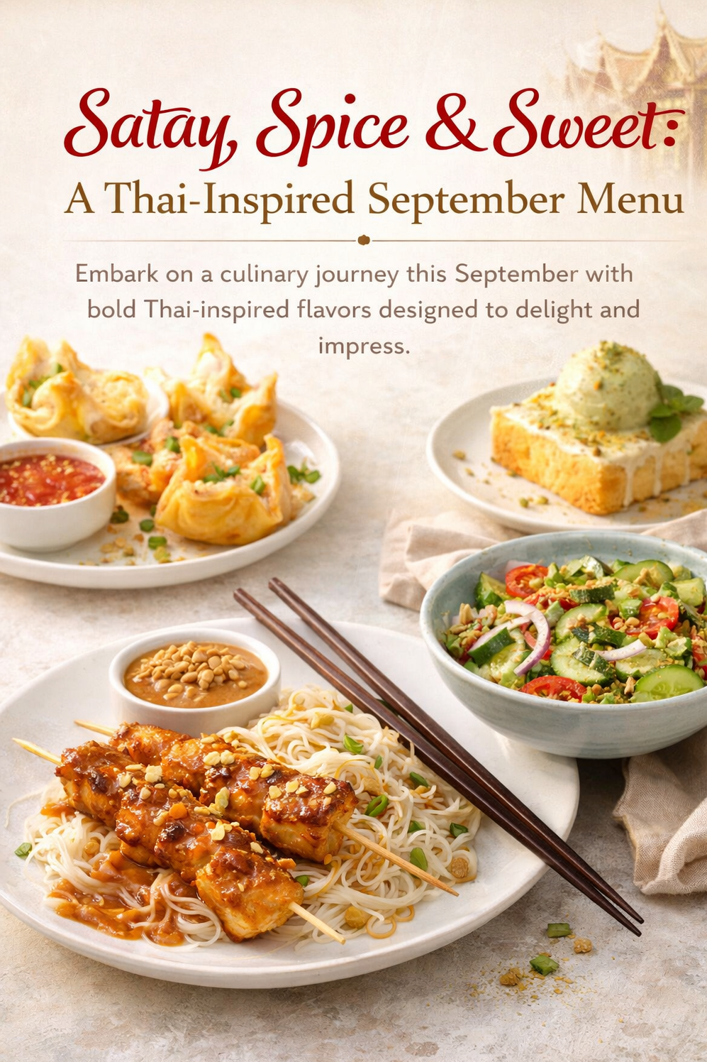 A Thai-inspired September menu featuring a bowl of noodle skewers with sauce, a bowl of green cucumber and tomato salad, a small bowl of peanut sauce, a plate of Thai dumplings with chili sauce, and a dessert with cake and ice cream garnished with green leaves.