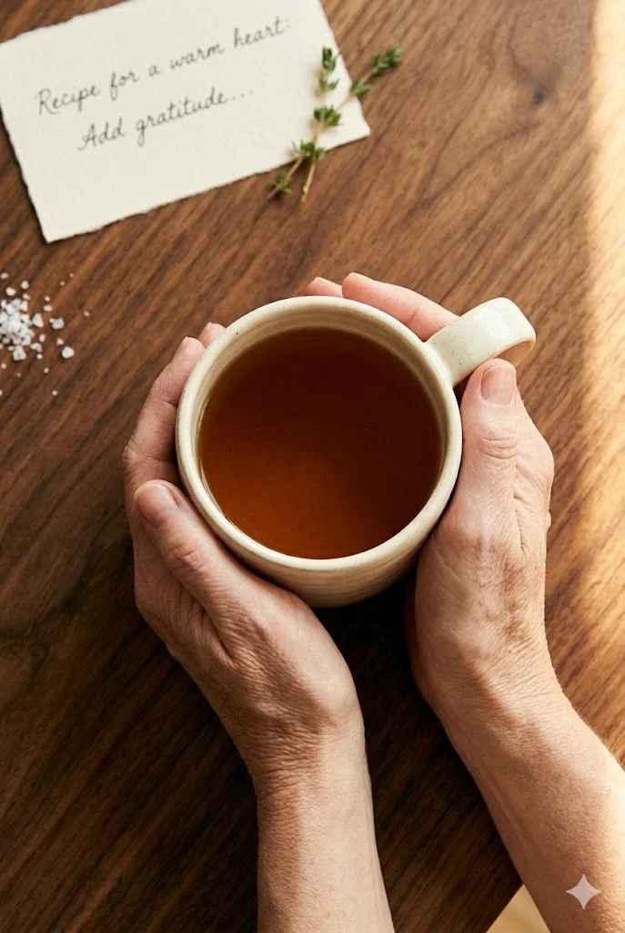 A person holding a beige mug filled with tea on a wooden table. In the background, there is a handwritten note that reads, 'Recipe for a warm heart: Add gratitude...' and some small sprigs of greenery. There is also a small pile of salt or sugar crystals on the table.