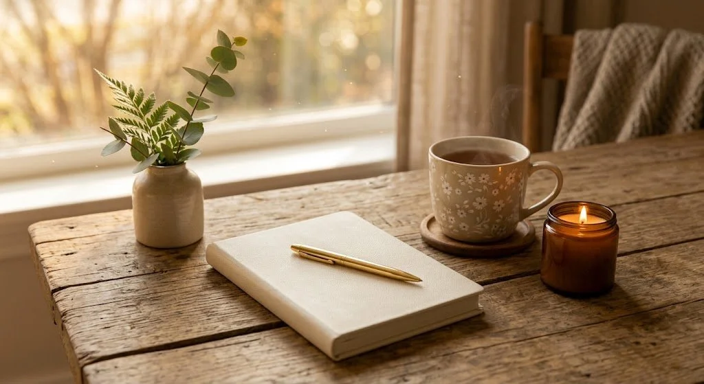 Warm and timeless — my choice Cream journal, warm wood, a brass pen, soft natural light, and a simple ceramic mug. Perhaps a small touch of greenery. Best balance Comfortable and inviting.