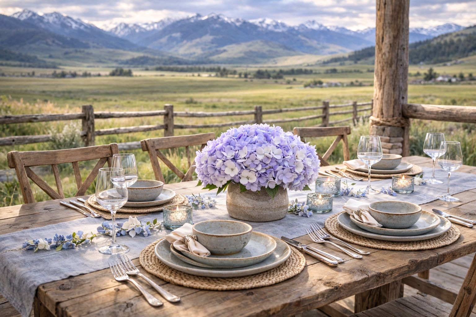 Outdoor dining table with floral centerpiece and place settings, set against a scenic mountain landscape with a fence, trees, and cloudy sky.