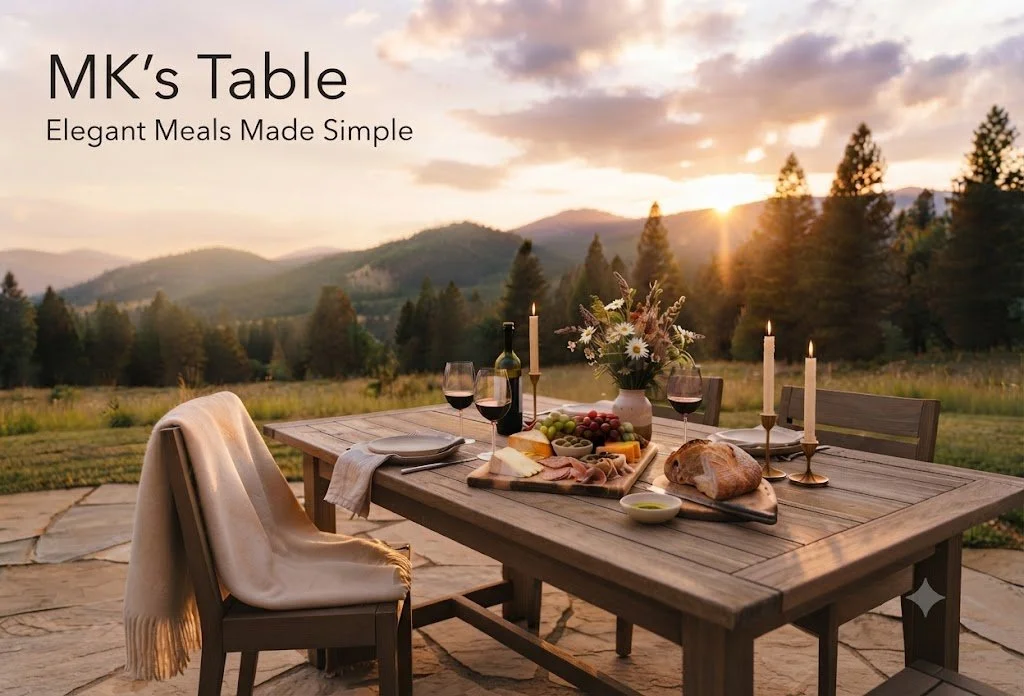 Warm country table looking out at the mountains with a charcuterie board on the table.