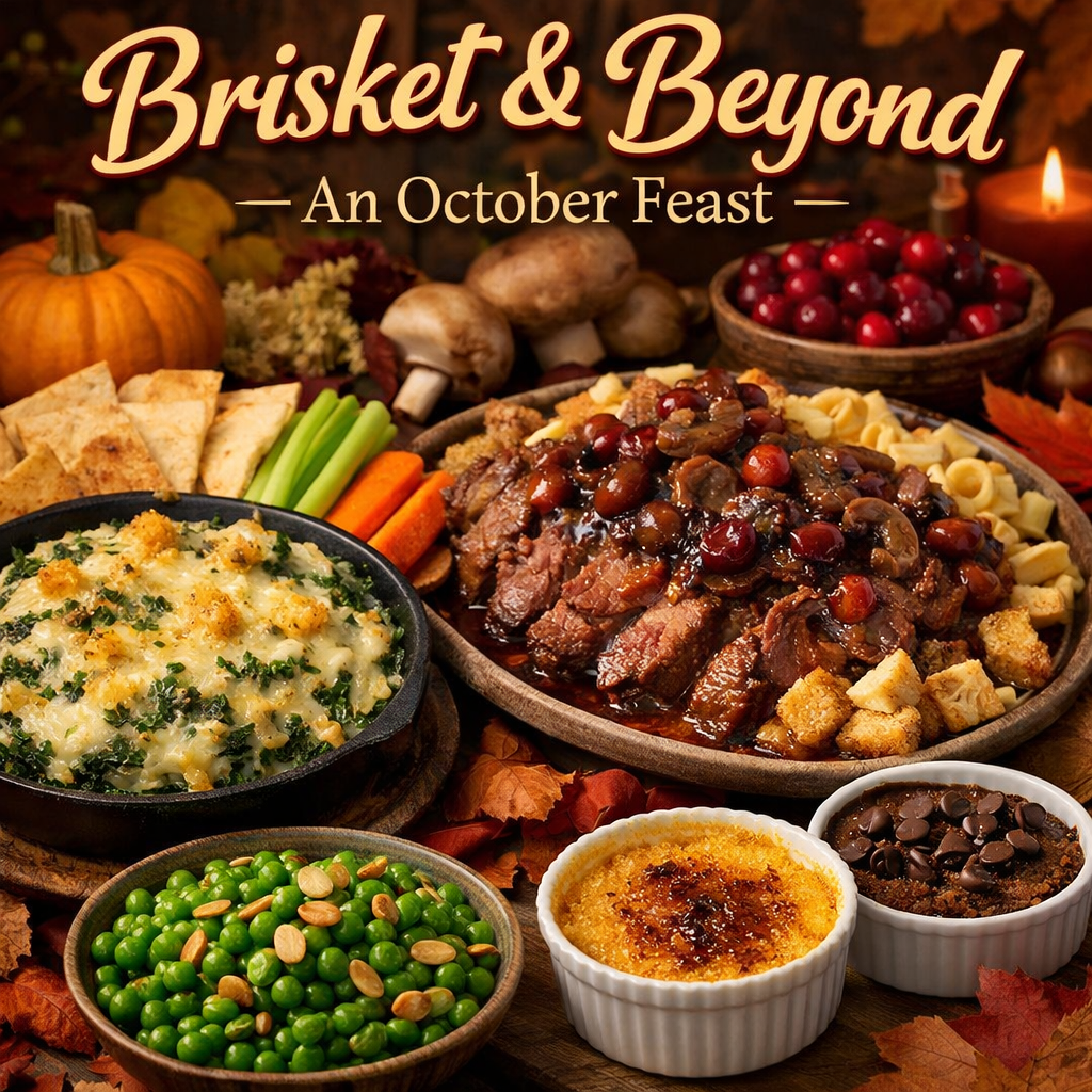 A Thanksgiving feast featuring roast beef topped with gravy and cranberries, mashed potatoes with herbs and crispy topping, green peas with sunflower seeds, carrot sticks, pita chips, a pumpkin, mushroom caps, a bowl of cherries, a good dish, crème brûlée, and a chocolate dessert, set on a table decorated with autumn leaves and candles.