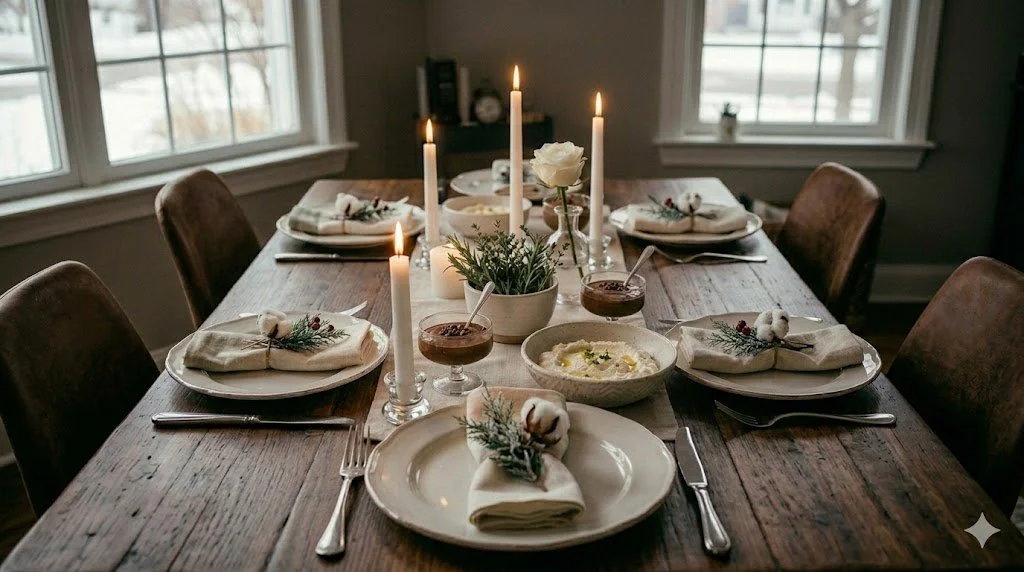 A beautifully set dining table for six with white napkins folded on white plates, decorated with pine sprigs, cotton, and small berries. The table features three tall candles, a bowl of whipped dip topped with herbs, and glasses of chocolate mousse. In the background, there are windows with snow outside, creating a cozy holiday atmosphere.