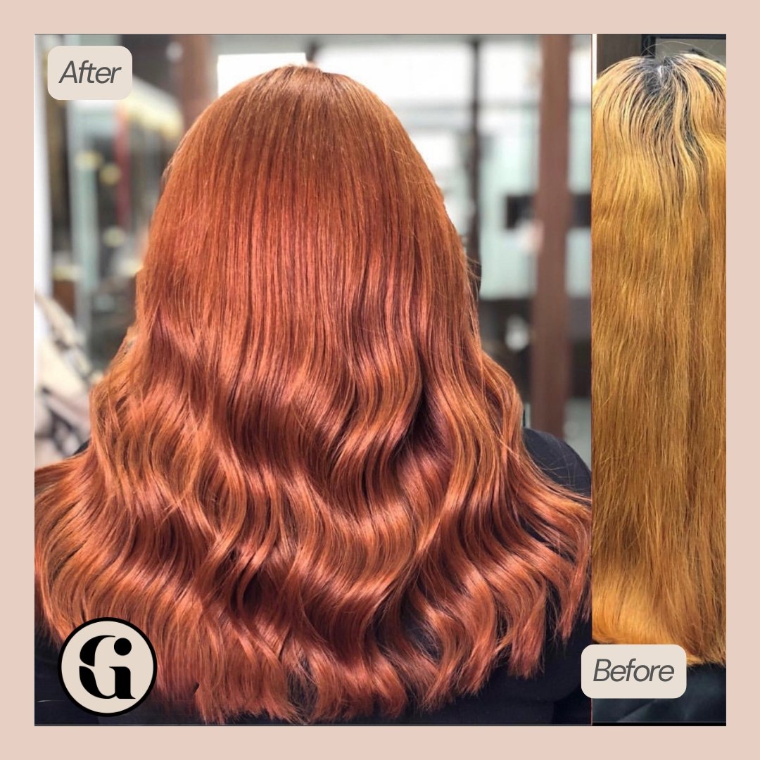 Copper hair colour correction transformation from uneven blonde to vibrant copper in JVC Dubai