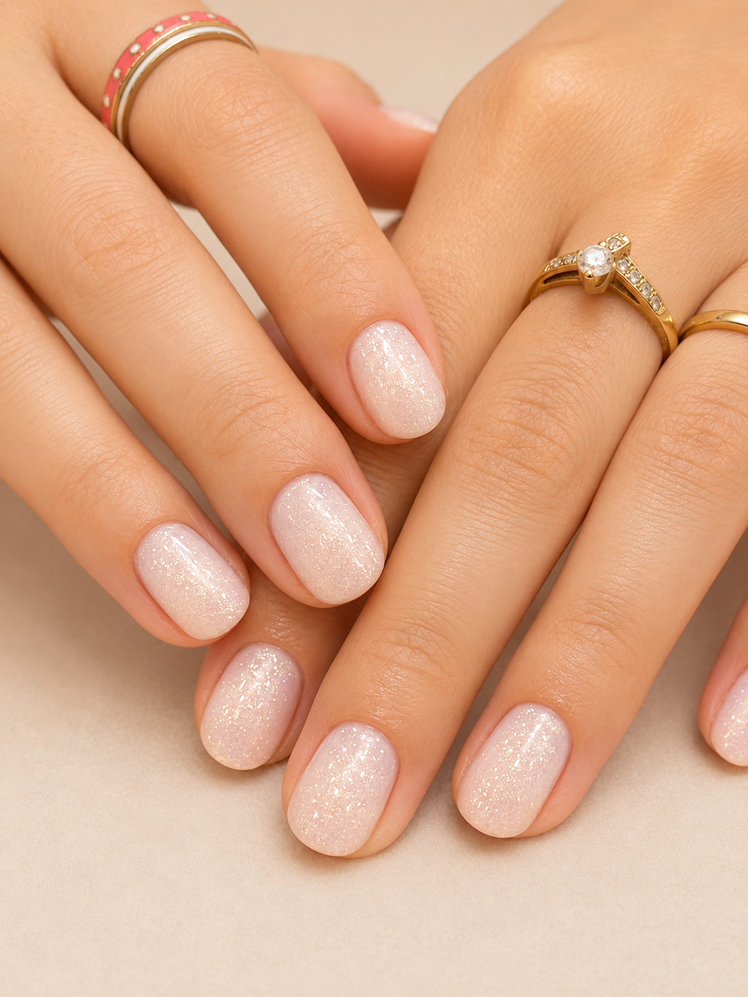 Glitter gel manicure on short natural nails at Glam & Go Salon in JVC Dubai