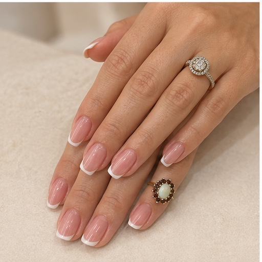Russian technique French manicure with precise cuticle work and natural pink nails