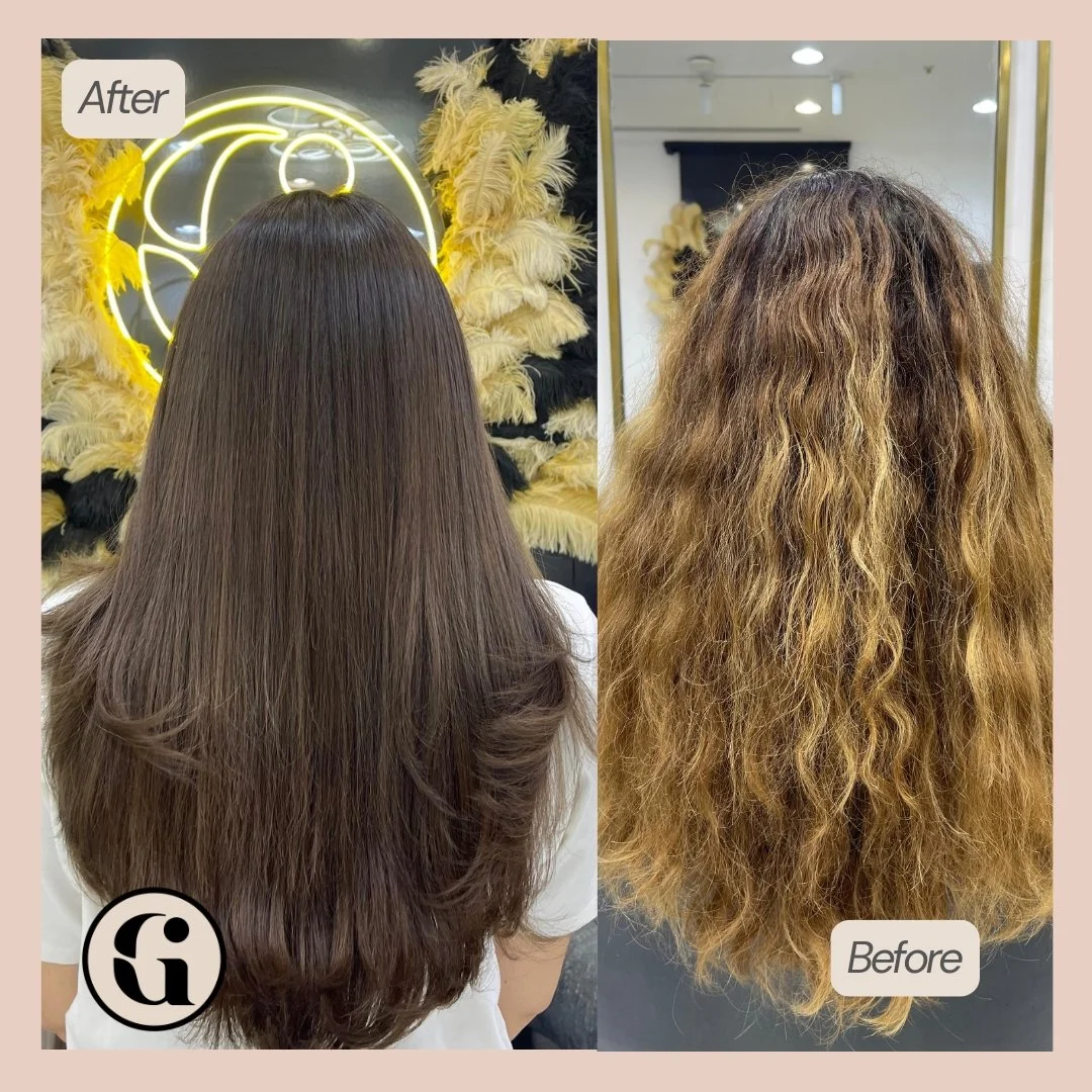 Dark brunette colour correction transformation from damaged blonde hair in JVC Dubai