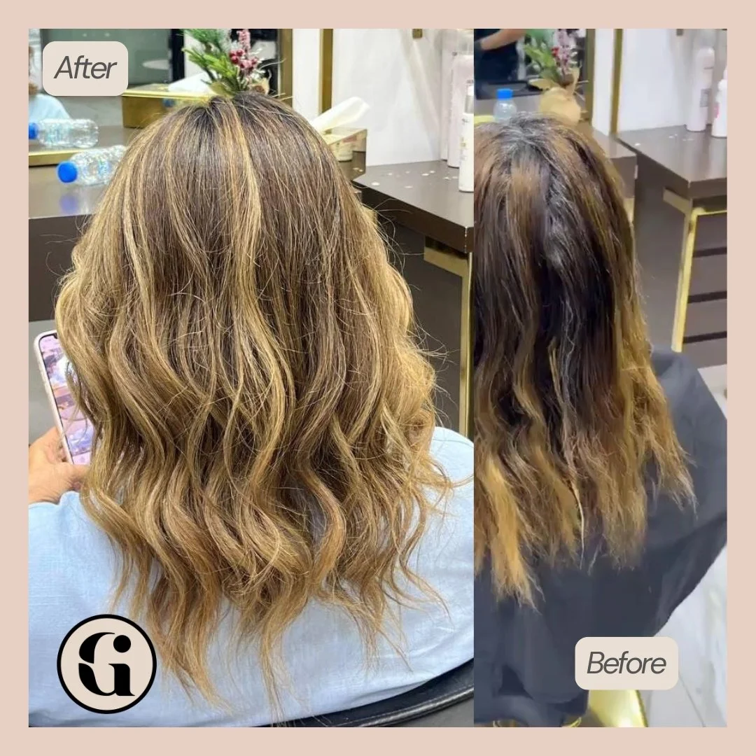 Caramel balayage colour correction with blended highlights in JVC Dubai
