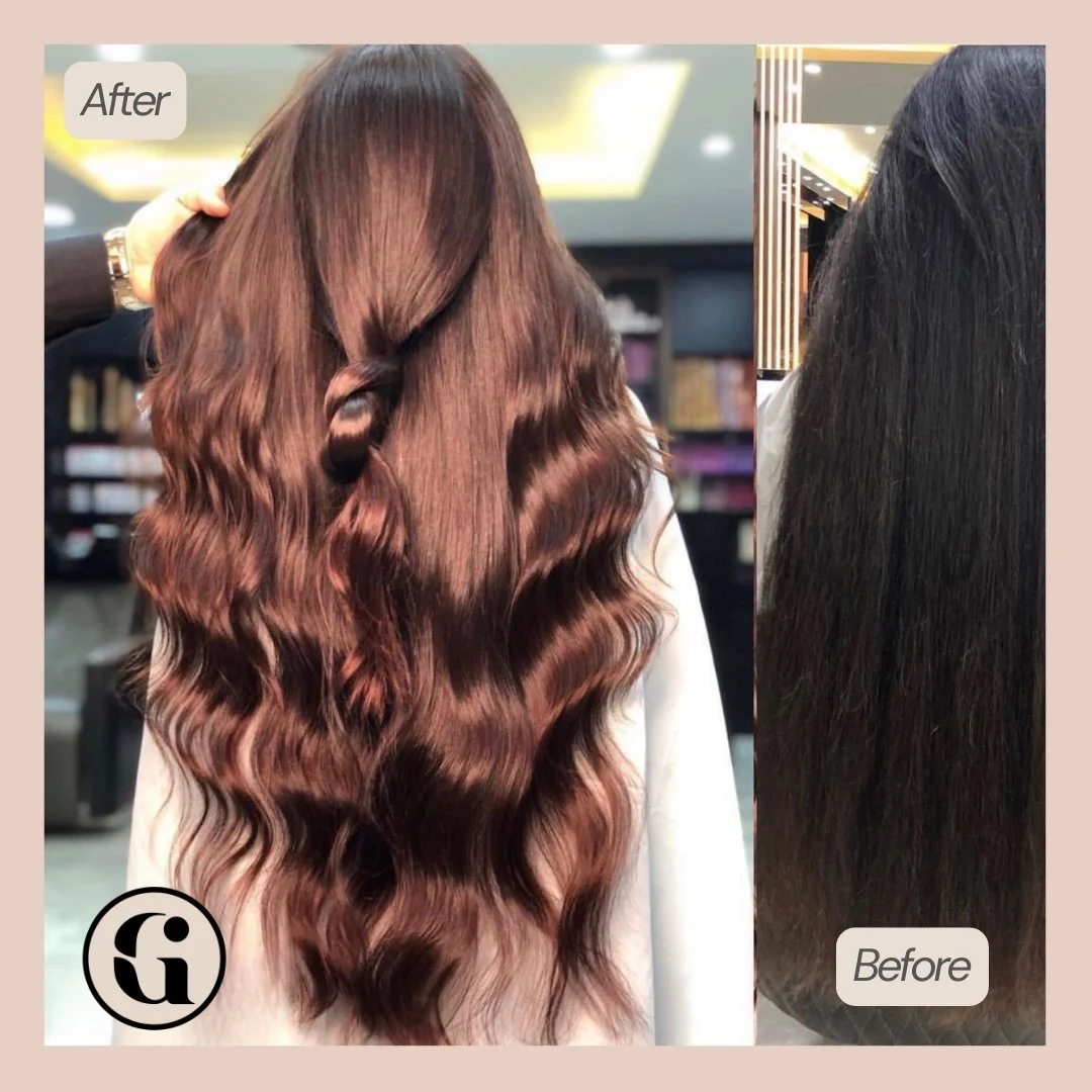 Rich copper brown hair colour transformation from dark hair in JVC Dubai