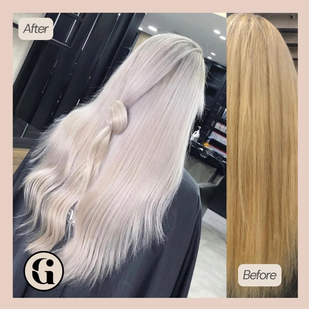 Platinum blonde colour correction transformation from yellow blonde to icy platinum blonde in JVC Dubai