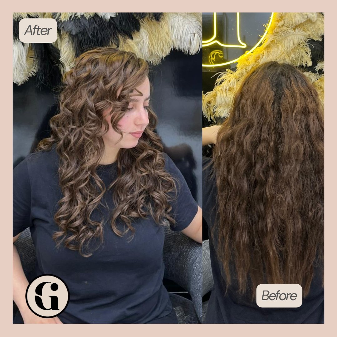 Brunette colour correction and curl definition transformation in JVC Dubai