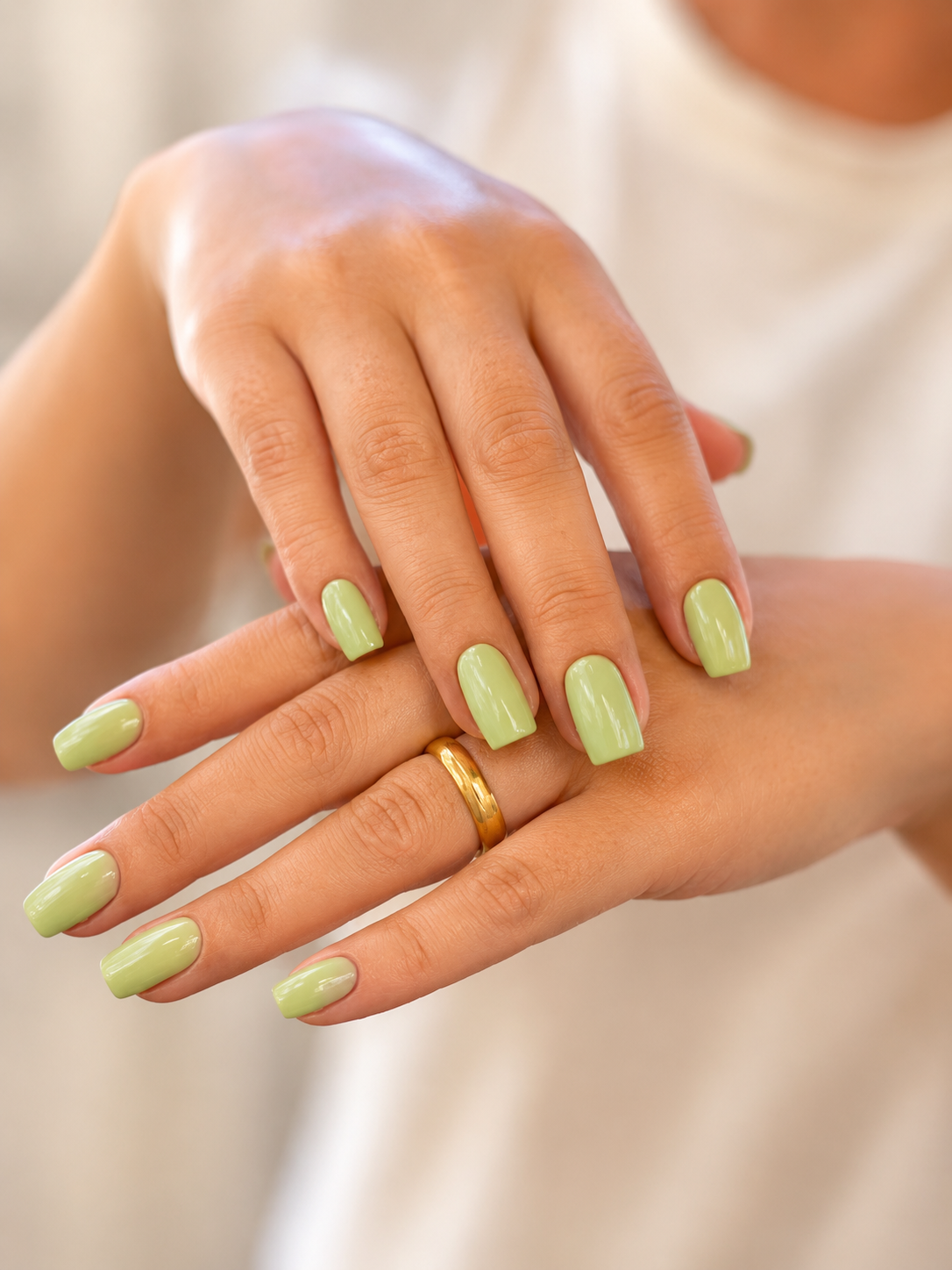 Glossy sage green gel manicure on short square-shaped nails