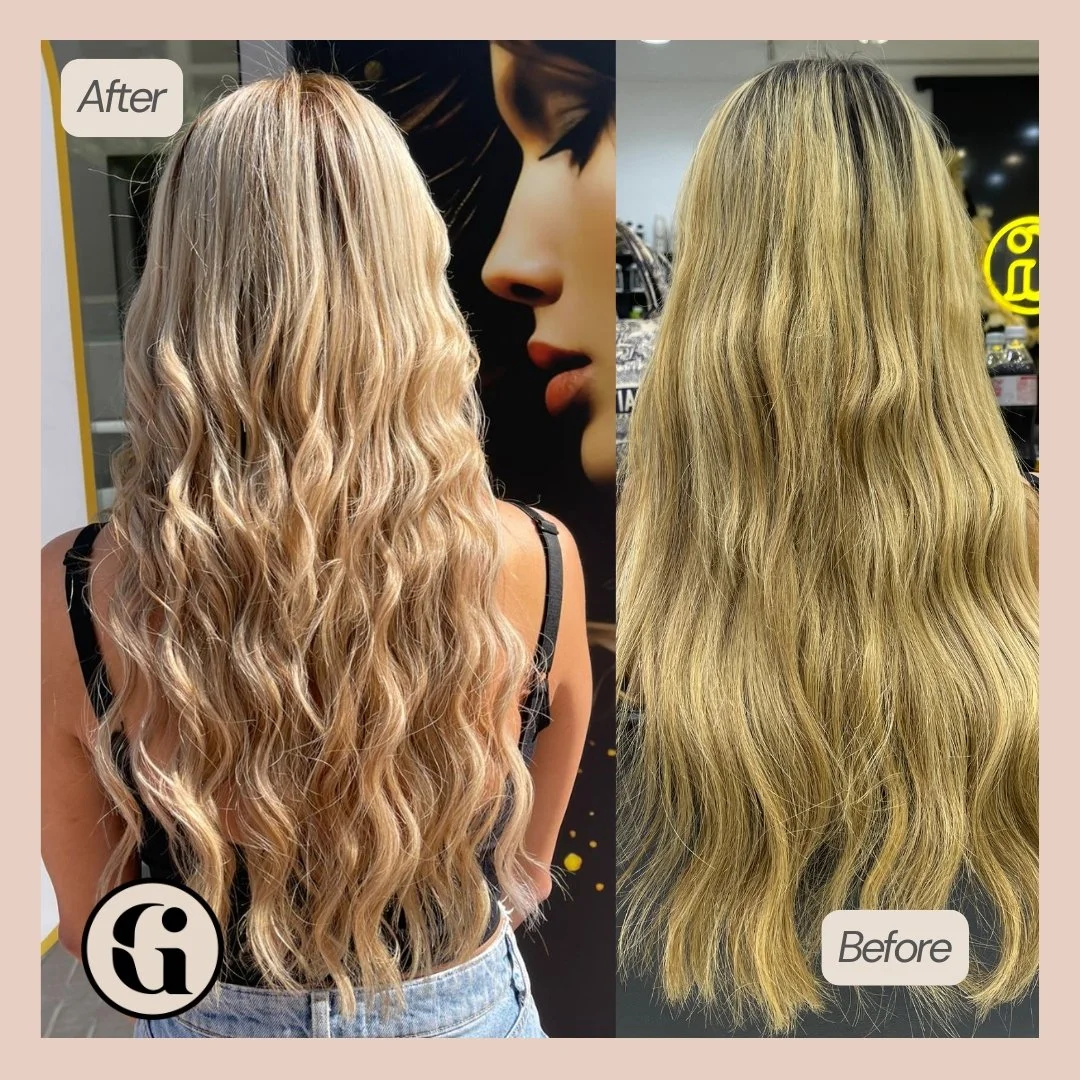 Dimensional beige blonde balayage hair transformation in JVC Dubai