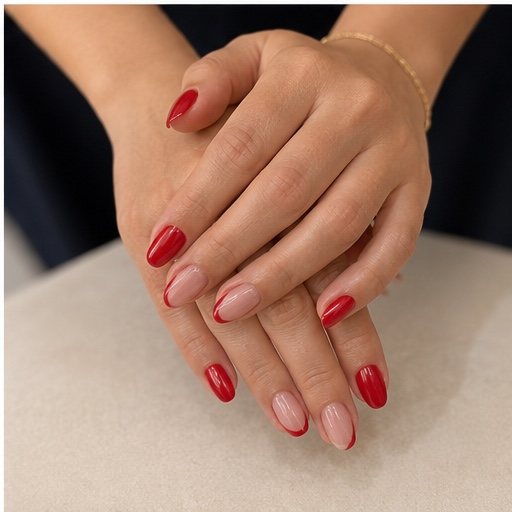 Modern red French manicure with glossy nude base and almond-shaped nails